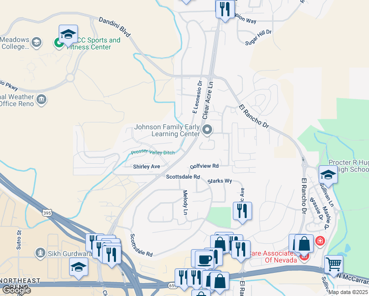 map of restaurants, bars, coffee shops, grocery stores, and more near 3810 East Leonesio Drive in Reno