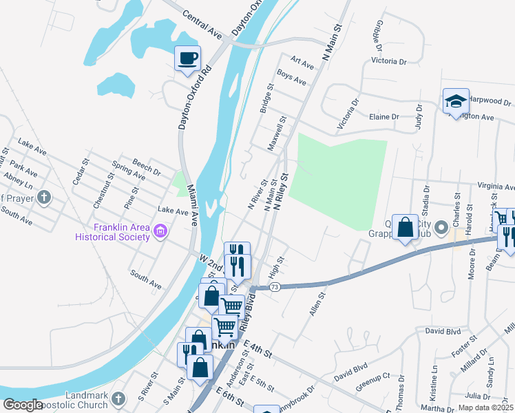 map of restaurants, bars, coffee shops, grocery stores, and more near 22 North River Street in Franklin