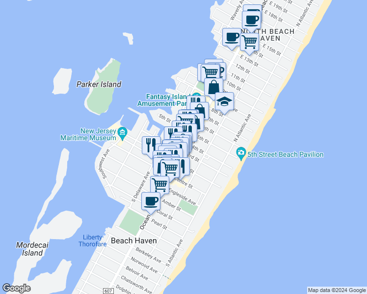 map of restaurants, bars, coffee shops, grocery stores, and more near 306 North Bay Avenue in Beach Haven