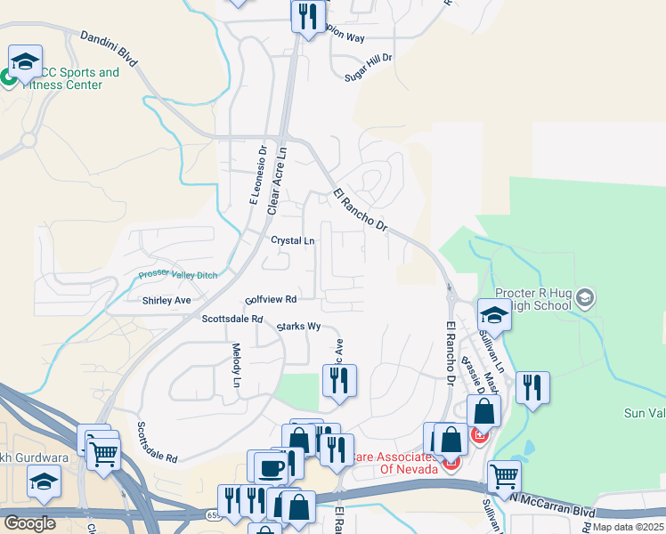 map of restaurants, bars, coffee shops, grocery stores, and more near 4005 Moorpark Ct in Sparks