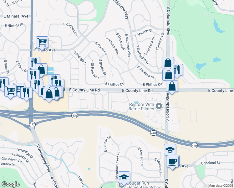 map of restaurants, bars, coffee shops, grocery stores, and more near 3488 East County Line Road in Highlands Ranch