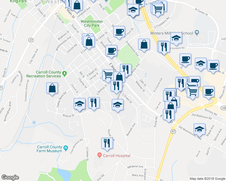 map of restaurants, bars, coffee shops, grocery stores, and more near 292 East Green Street in Westminster