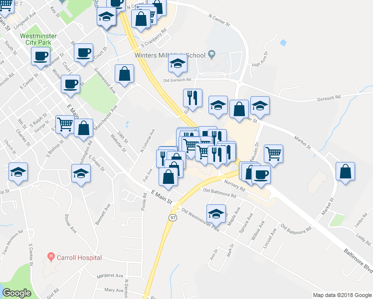 map of restaurants, bars, coffee shops, grocery stores, and more near 522 Jermor Lane in Westminster