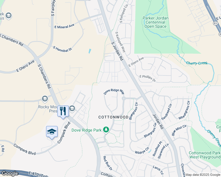 map of restaurants, bars, coffee shops, grocery stores, and more near 8369 Dove Ridge Way in Parker