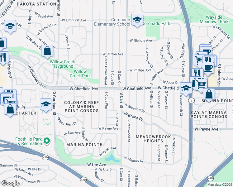 map of restaurants, bars, coffee shops, grocery stores, and more near 8348 South Carr Way in Littleton