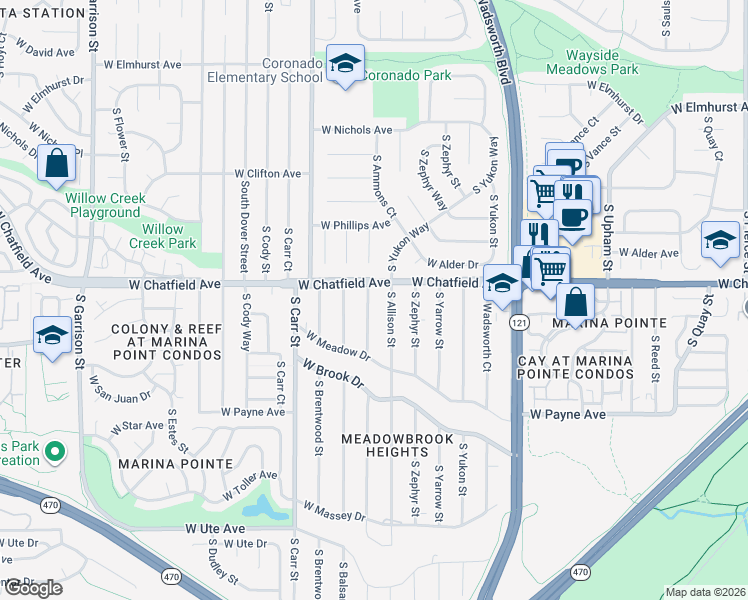 map of restaurants, bars, coffee shops, grocery stores, and more near 8349 South Allison Street in Littleton