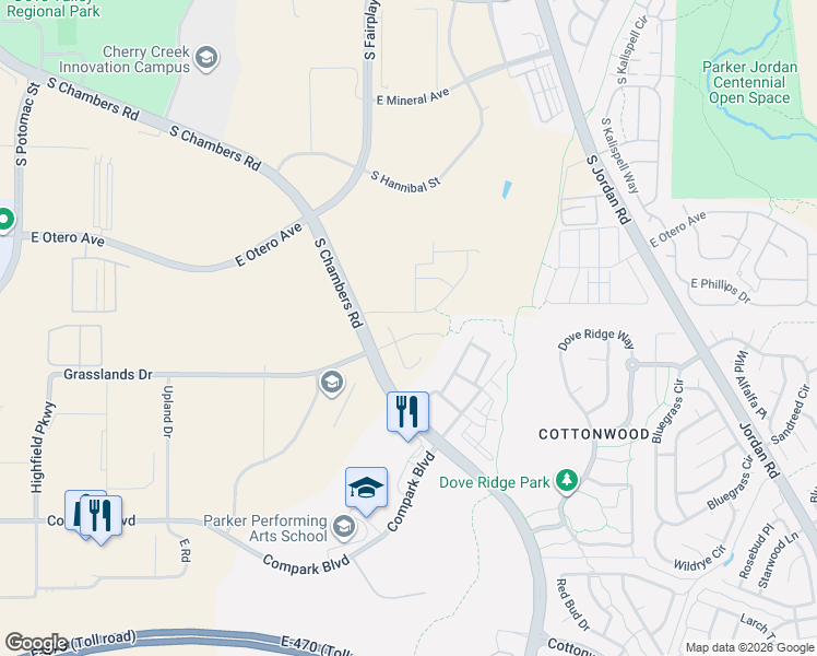 map of restaurants, bars, coffee shops, grocery stores, and more near 15271 Grasslands Drive in Parker