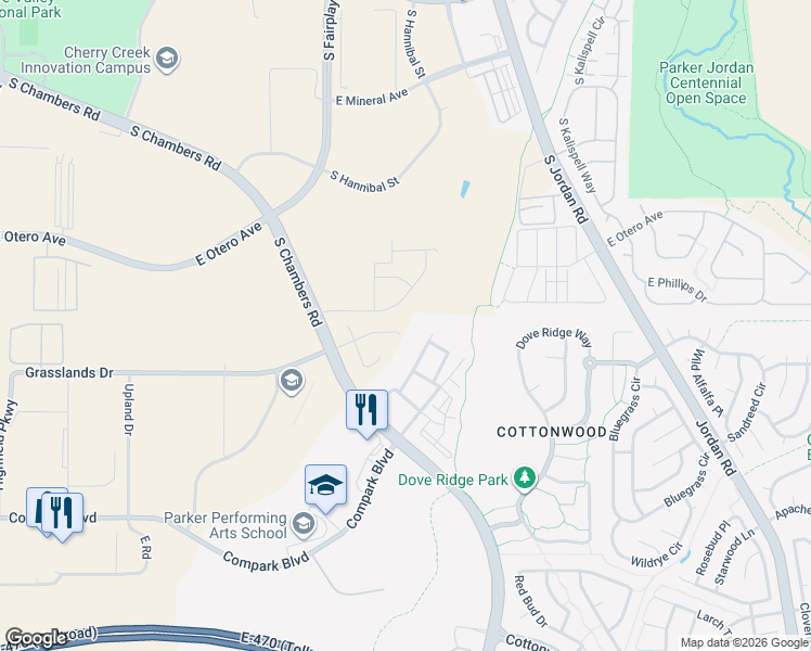 map of restaurants, bars, coffee shops, grocery stores, and more near 15385 Grasslands Drive in Parker