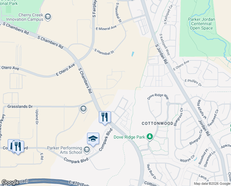 map of restaurants, bars, coffee shops, grocery stores, and more near 15385 Grasslands Drive in Parker