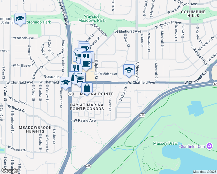 map of restaurants, bars, coffee shops, grocery stores, and more near 8326 South Reed Street in Littleton
