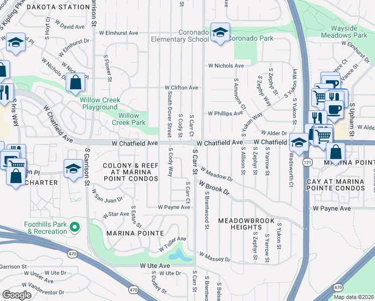 map of restaurants, bars, coffee shops, grocery stores, and more near 8348 South Carr Way in Littleton