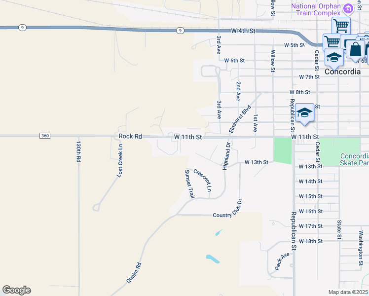 map of restaurants, bars, coffee shops, grocery stores, and more near 1110 West 11th Street in Concordia