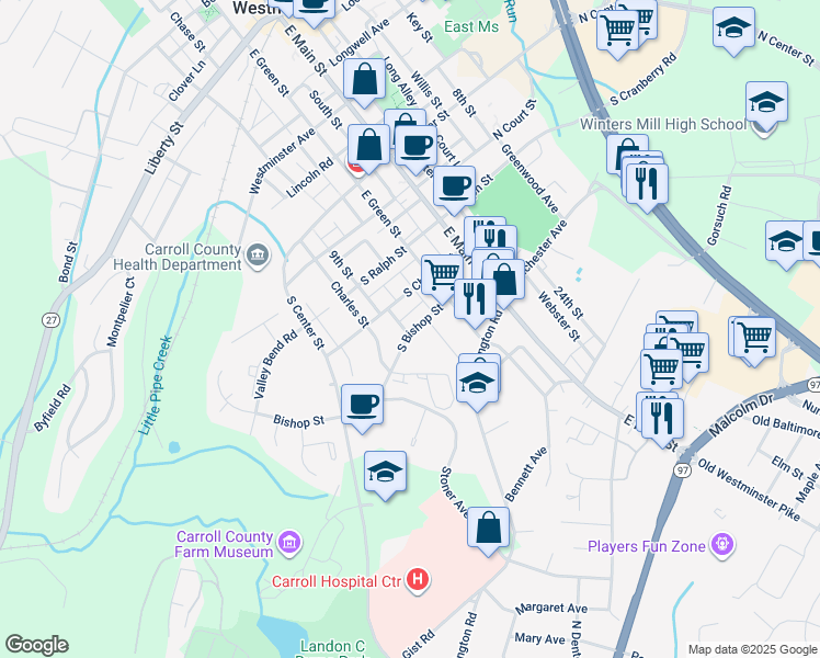 map of restaurants, bars, coffee shops, grocery stores, and more near 72 South Bishop Street in Westminster