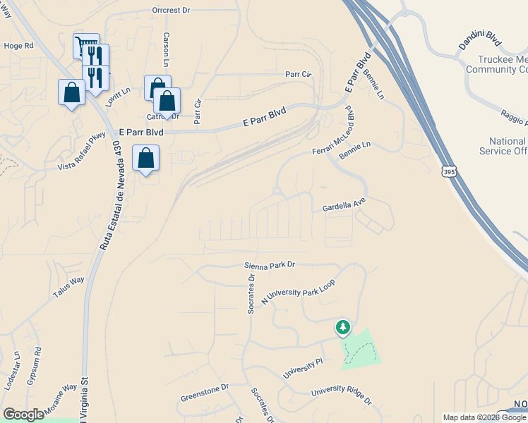 map of restaurants, bars, coffee shops, grocery stores, and more near 3671 Remington Park Drive in Reno