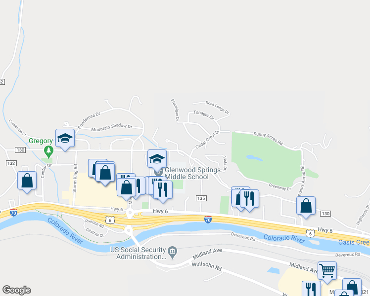 map of restaurants, bars, coffee shops, grocery stores, and more near 877 Donegan Road in Glenwood Springs