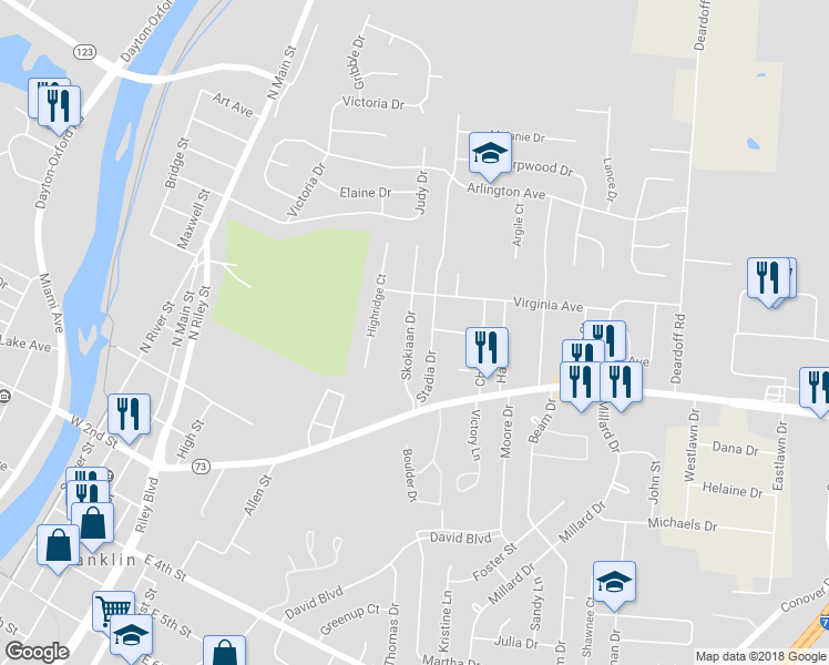 map of restaurants, bars, coffee shops, grocery stores, and more near 52 Skokiaan Drive in Franklin