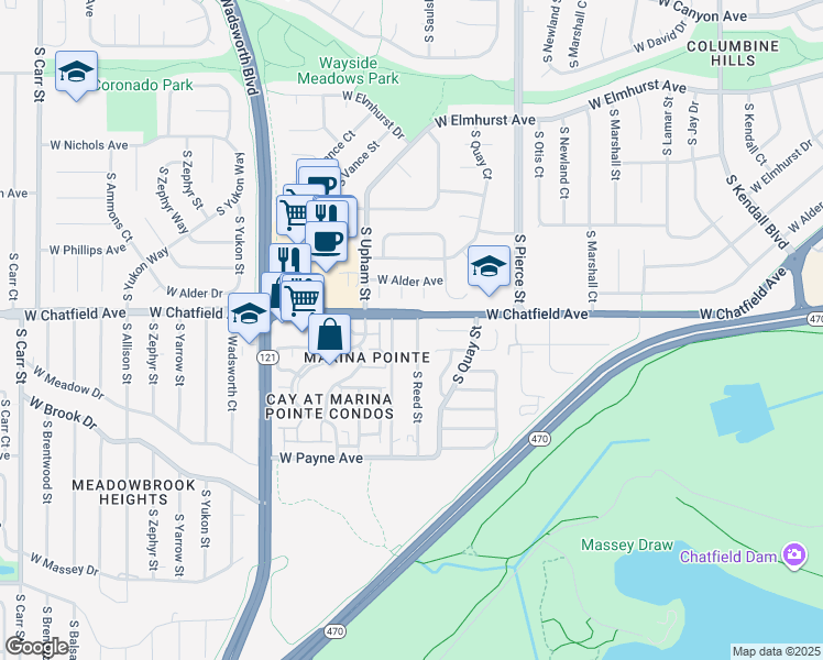 map of restaurants, bars, coffee shops, grocery stores, and more near 8317 South Reed Street in Littleton