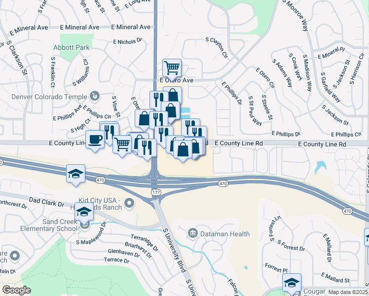 map of restaurants, bars, coffee shops, grocery stores, and more near 2660 East County Line Road in Highlands Ranch