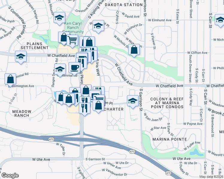 map of restaurants, bars, coffee shops, grocery stores, and more near 8329 South Independence Circle in Littleton