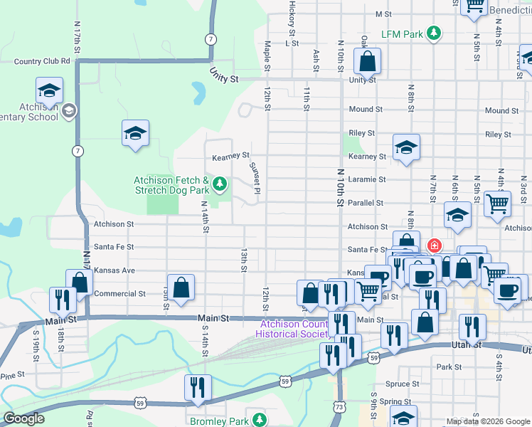 map of restaurants, bars, coffee shops, grocery stores, and more near 448 12th St in Atchison