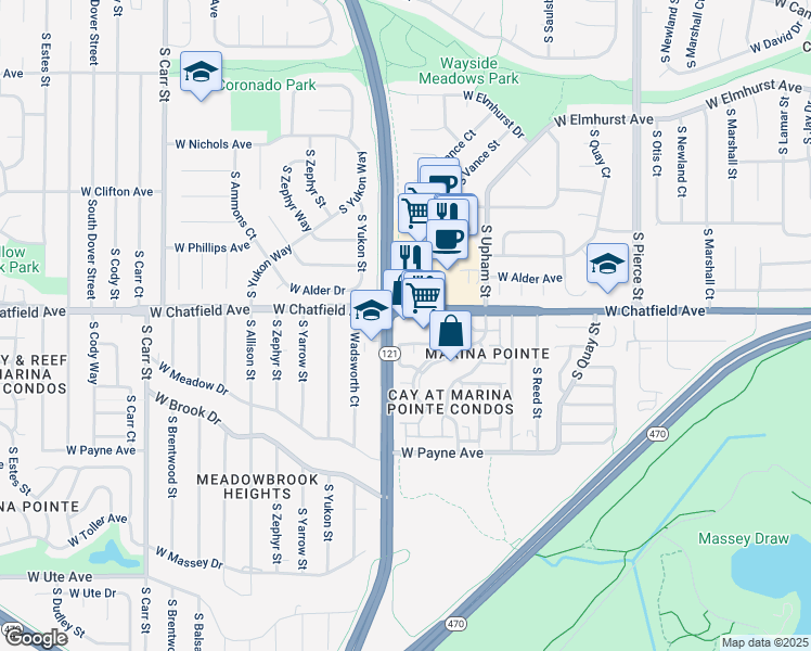 map of restaurants, bars, coffee shops, grocery stores, and more near 7540 West Chatfield Avenue in Littleton