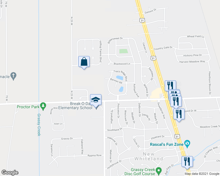 map of restaurants, bars, coffee shops, grocery stores, and more near 121 Tracy Ridge Boulevard in Whiteland