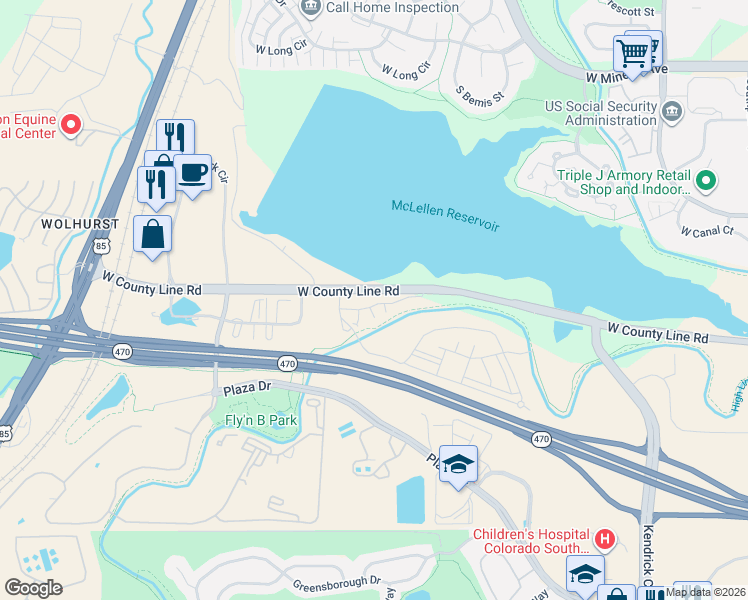 map of restaurants, bars, coffee shops, grocery stores, and more near 8311 Riverscape Court in Littleton