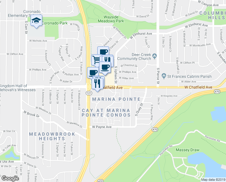 map of restaurants, bars, coffee shops, grocery stores, and more near in Columbine