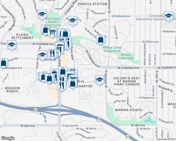 map of restaurants, bars, coffee shops, grocery stores, and more near 8329 South Independence Circle in Littleton