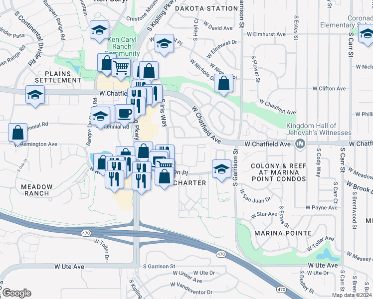 map of restaurants, bars, coffee shops, grocery stores, and more near 8329 South Independence Circle in Littleton