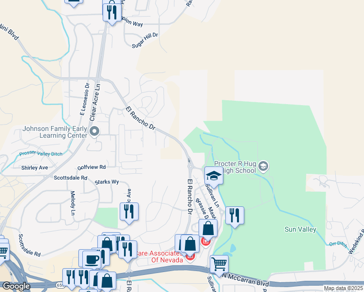 map of restaurants, bars, coffee shops, grocery stores, and more near 3575 El Rancho Drive in Sun Valley