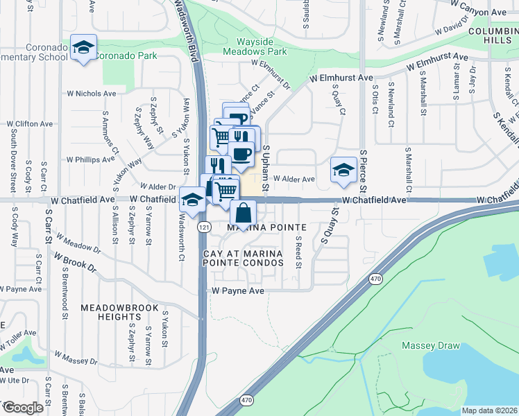 map of restaurants, bars, coffee shops, grocery stores, and more near 8311 South Upham Way in Littleton