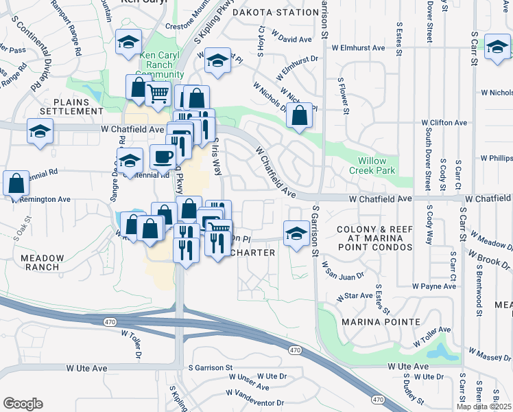 map of restaurants, bars, coffee shops, grocery stores, and more near 8309 South Independence Circle in Littleton