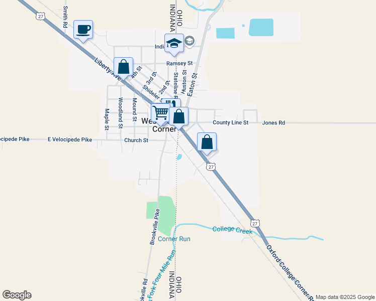 map of restaurants, bars, coffee shops, grocery stores, and more near 100 Walnut Street in College Corner