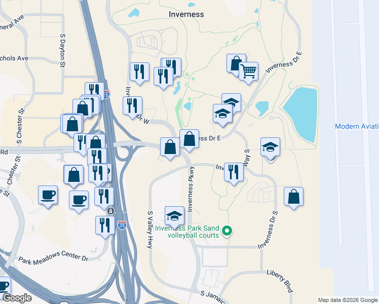 map of restaurants, bars, coffee shops, grocery stores, and more near 303 Inverness Way South in Englewood