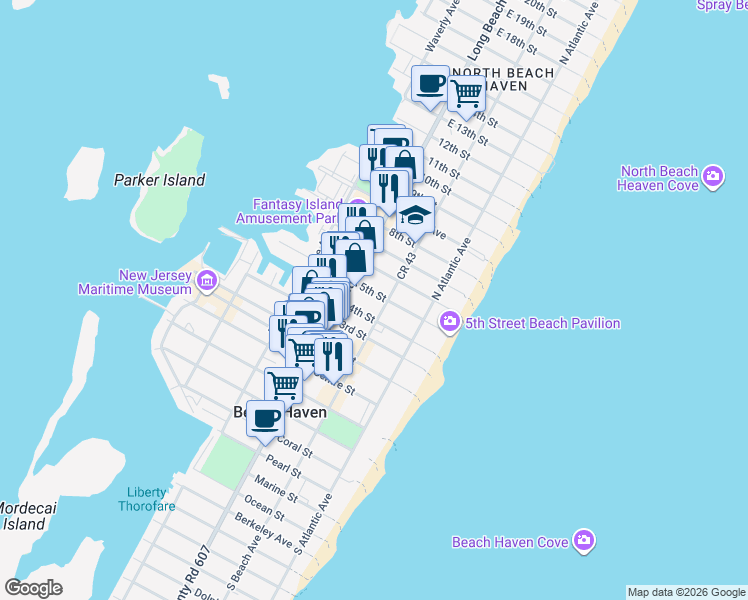 map of restaurants, bars, coffee shops, grocery stores, and more near 210 5th Street in Beach Haven