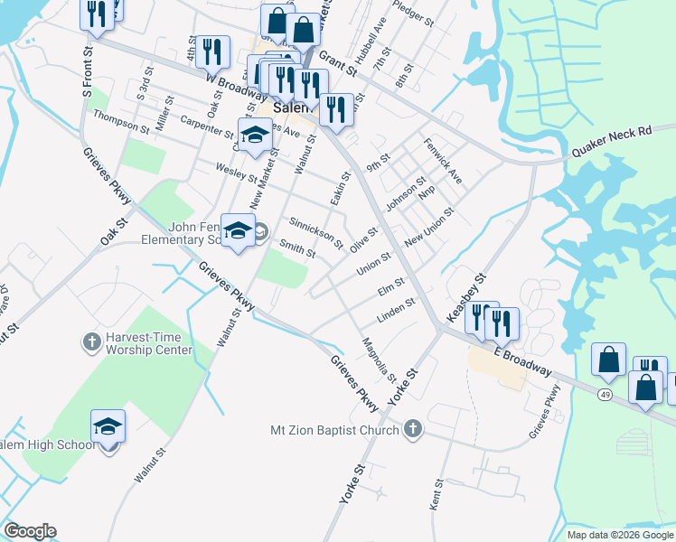 map of restaurants, bars, coffee shops, grocery stores, and more near 73 Union Street in Salem