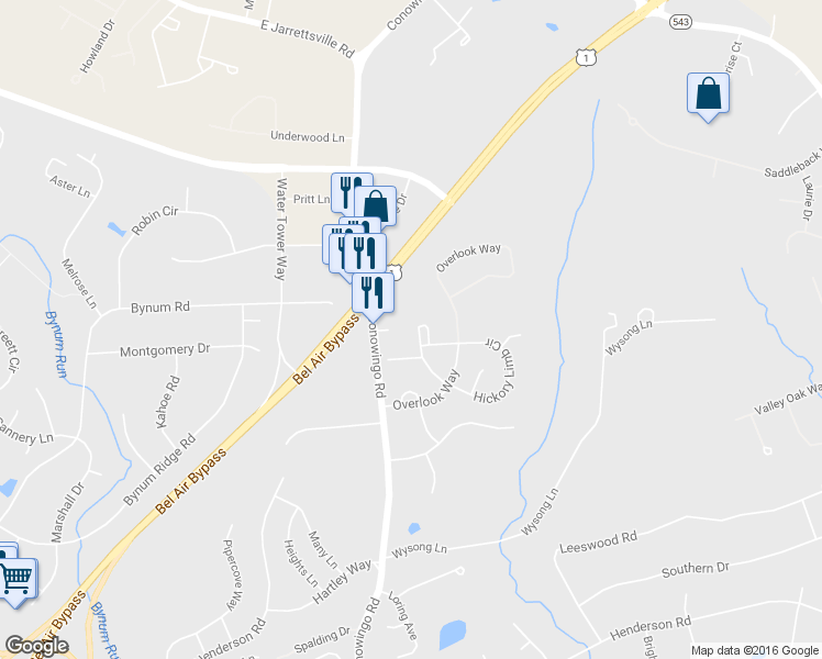map of restaurants, bars, coffee shops, grocery stores, and more near 1420 Roman Ridge Way in Bel Air