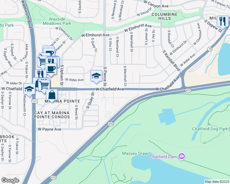 map of restaurants, bars, coffee shops, grocery stores, and more near 6685 West Kingsley Avenue in Littleton