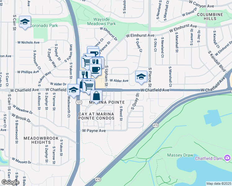 map of restaurants, bars, coffee shops, grocery stores, and more near 8318 South Upham Way in Littleton
