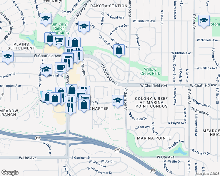 map of restaurants, bars, coffee shops, grocery stores, and more near 8335 South Garland Circle in Littleton