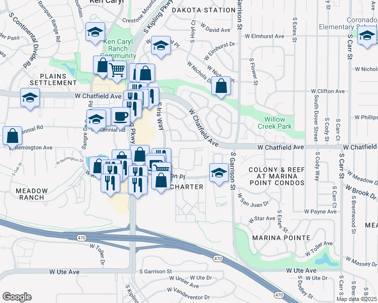 map of restaurants, bars, coffee shops, grocery stores, and more near 8329 South Independence Circle in Littleton