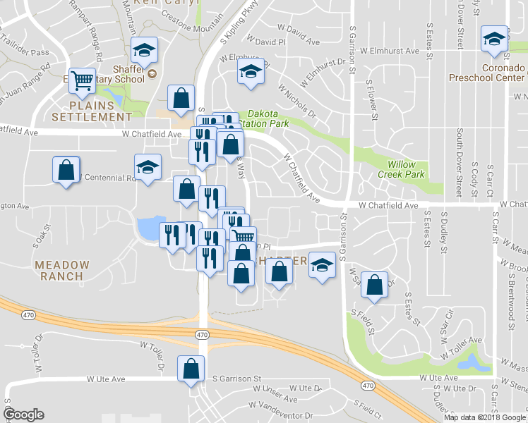 map of restaurants, bars, coffee shops, grocery stores, and more near 9622 West Coco Circle in Littleton