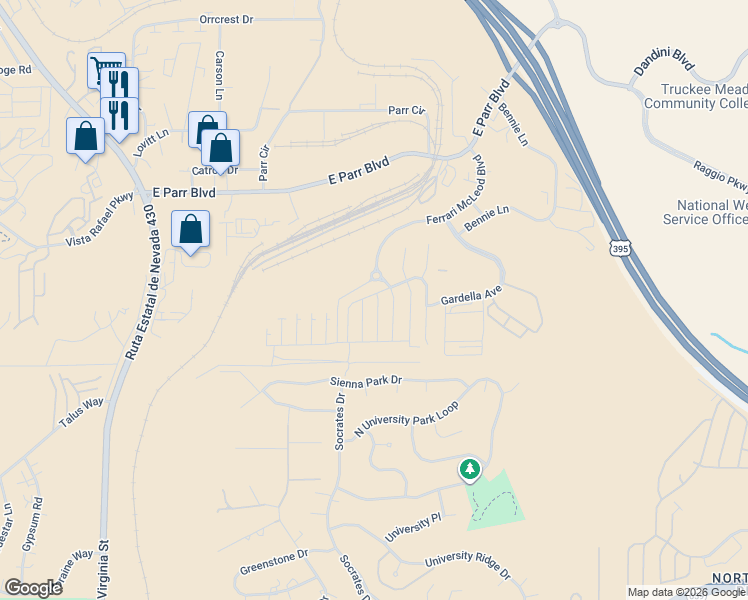 map of restaurants, bars, coffee shops, grocery stores, and more near 3671 Remington Park Drive in Reno