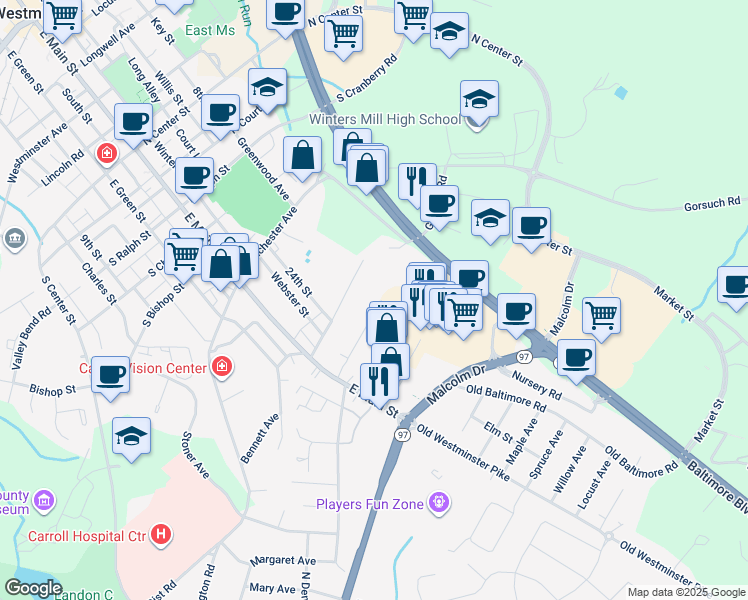 map of restaurants, bars, coffee shops, grocery stores, and more near 354 Fair Avenue in Westminster