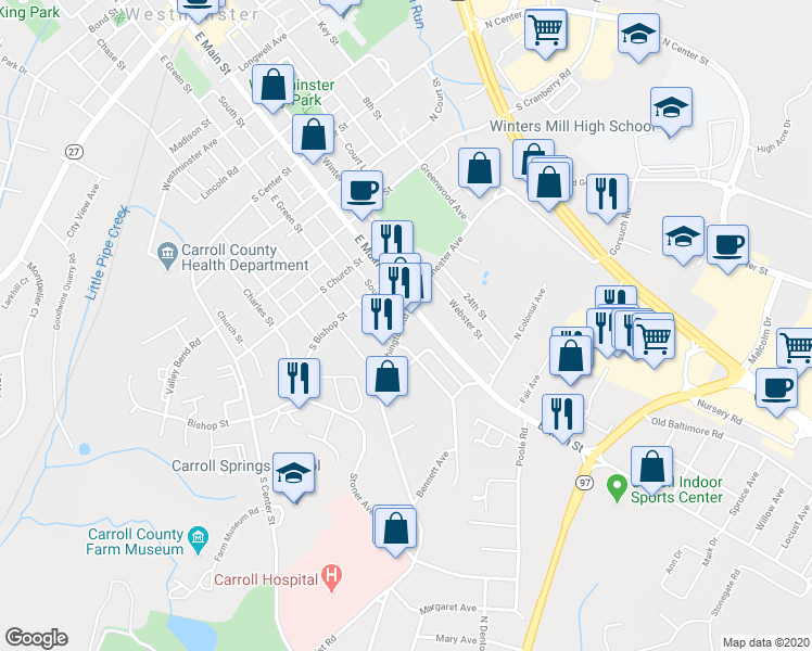 map of restaurants, bars, coffee shops, grocery stores, and more near 15 Washington Road in Westminster