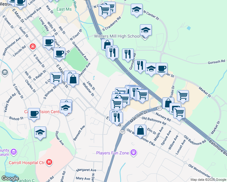 map of restaurants, bars, coffee shops, grocery stores, and more near 354 Fair Avenue in Westminster