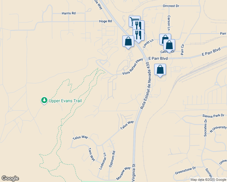 map of restaurants, bars, coffee shops, grocery stores, and more near 4210 Nathan Stephen Court in Reno