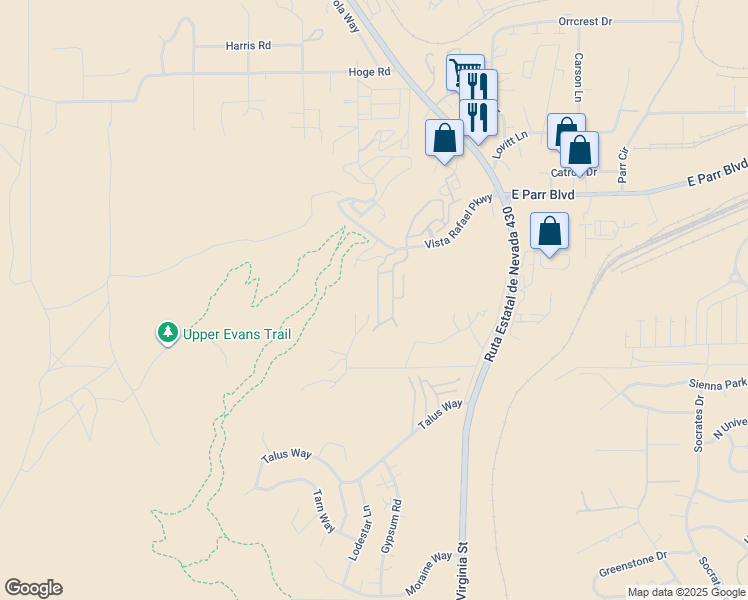 map of restaurants, bars, coffee shops, grocery stores, and more near 4110 Amber Marie Lane in Reno