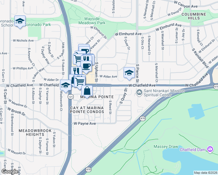 map of restaurants, bars, coffee shops, grocery stores, and more near 8307 South Reed Street in Littleton